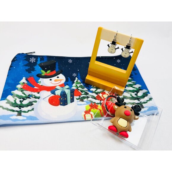 Snowman Print Zippered Pouch With Snowman Earrings & Reindeer Keychain Set - Picture 1 of 2